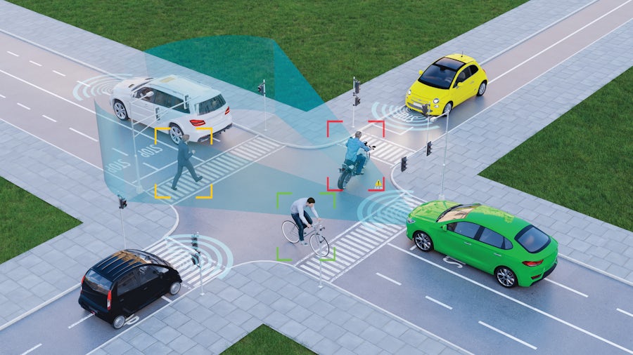 A computer-generated image showing autonomous vehicles at a four-way stop identifying  hazards that include other vehicles and pedestrians and people on bikes.