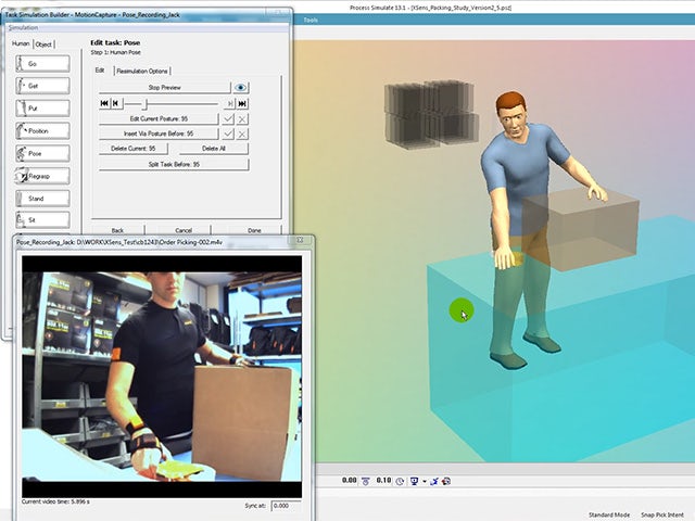 Obsluha v obleku pro snímání pohybu zobrazená vedle virtuálního lidského protějšku v softwaru Process Simulate Human.