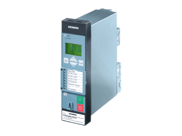 A Siemens SIPROTEC Compact protection device with a sleek design and a digital display. 