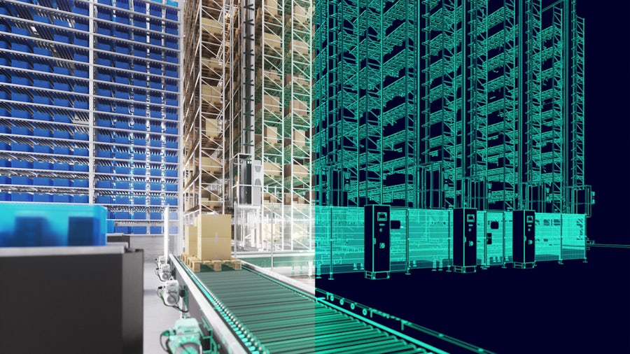 Digital twin warehouse showing logistics synchronization in medical device manufacturing.