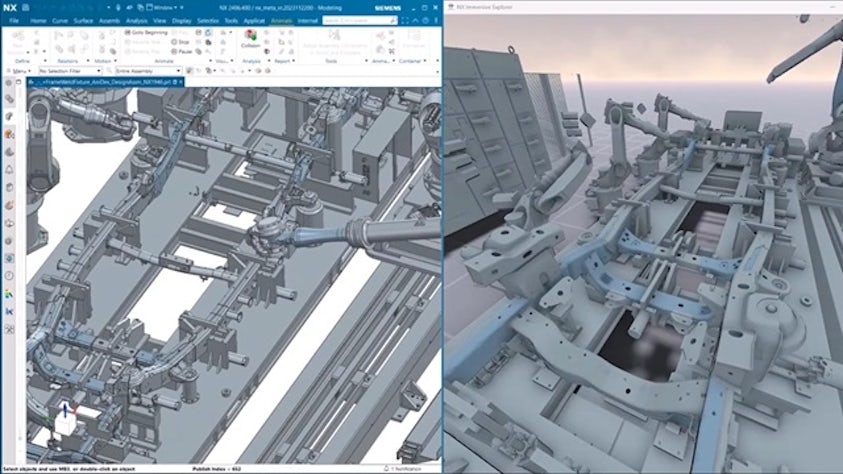 Two NX CAD windows open with the 3D design on the left hand side, and the NX Immersive Explorer environment open in the right. The design is of a factory with robots.