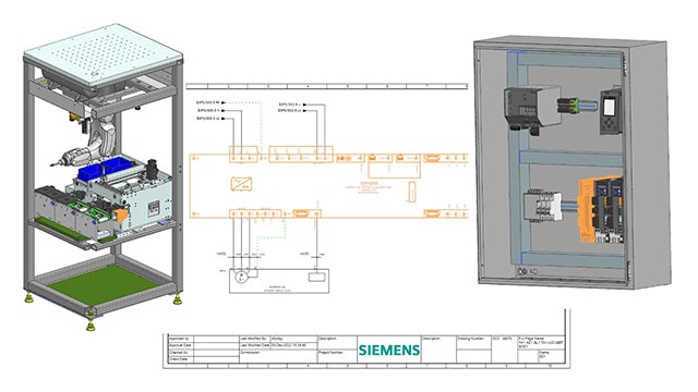 Image demonstrating NX industrial electrical design workflow from 3D cabinet design to 2d schematics to finished equipment design.