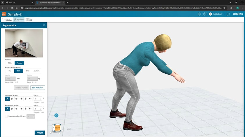 A 3D human depicting a real human reaching for a shelf in Process Simulate Human