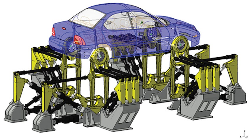 Immagine computerizzata di un'automobile su un banco di prova virtuale