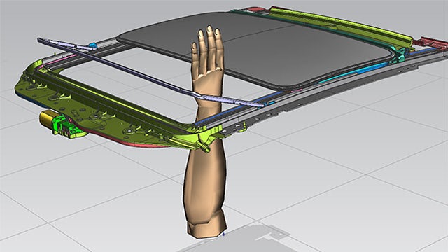 A visual of a dummy hand going through an electronics window in the software.