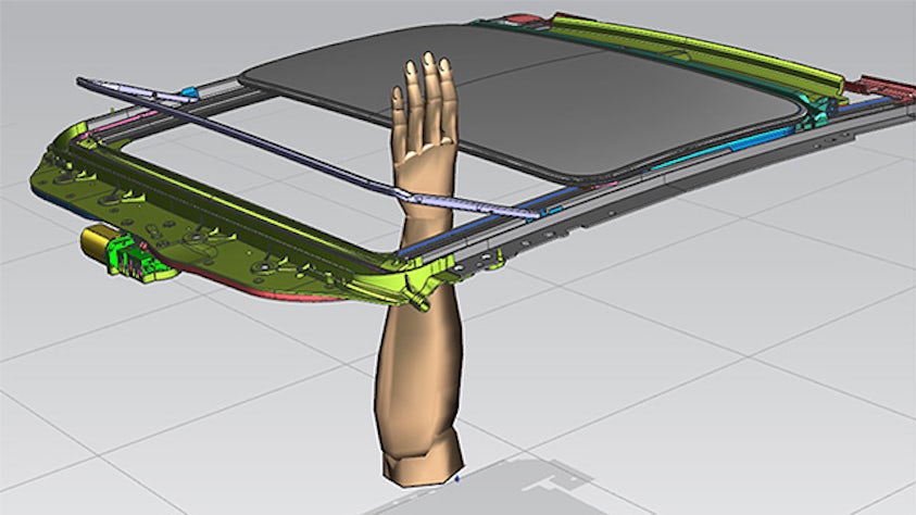 Vizuál ruky procházející oknem elektroniky v softwaru.