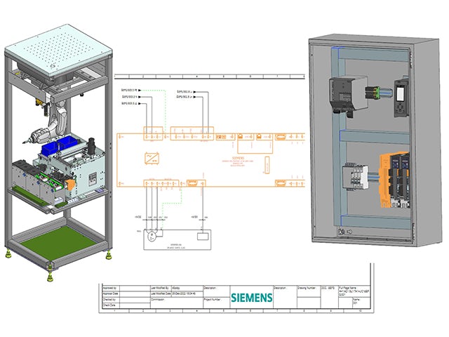 Image illustrant le flux de travail de conception électrique industrielle de NX, de la conception d'armoires 3D aux schémas 2D, en passant par la conception d'équipements finis.