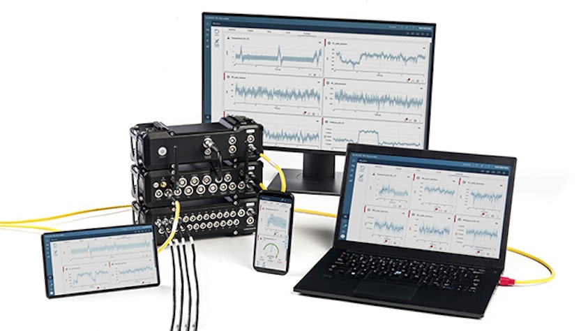 Simcenter SCADAS RS units connected to a phone, pad, laptop and desktop.