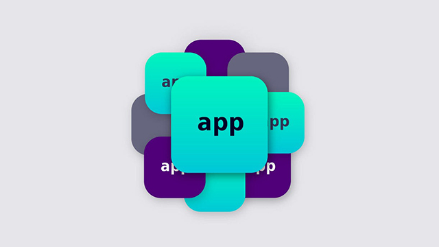 Illustration of a cluster of blue and purple boxes with the word "app" on them.