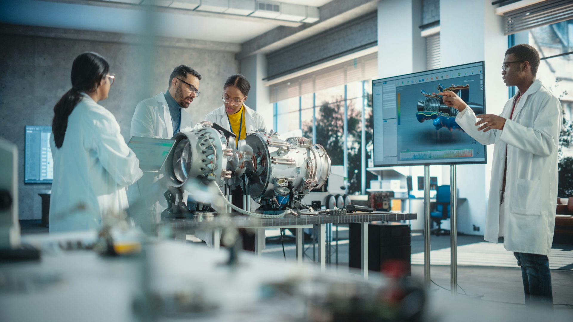 A group of aerospace engineers gather around and inspect a jet engine. 