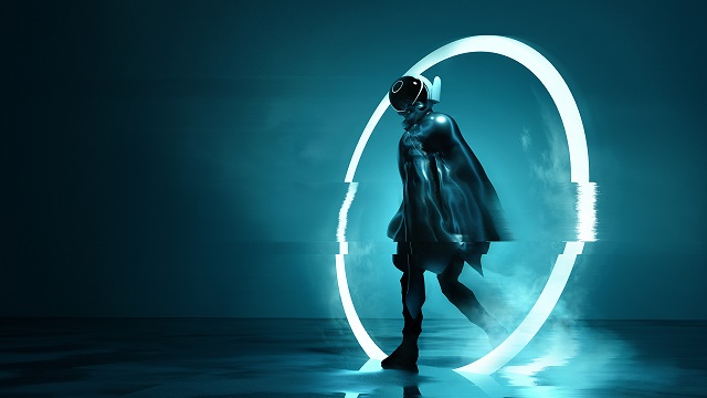 A person in futuristic clothing steps through a circular portal
