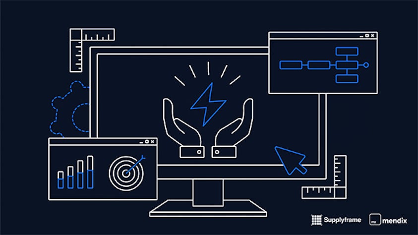 Black background, blue and white diagram of a computer screen with pop-out icon windows, highlighting workflow and target goals.