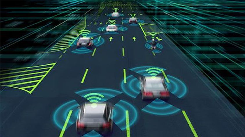 A visual illustration of cars on a highway with green and blue overlays representing multi-sensor driver assistance. Simcenter SCAPTOR accelerates the development of multi-sensor autonomous driving and Advanced Driver Assistance Systems (ADAS).