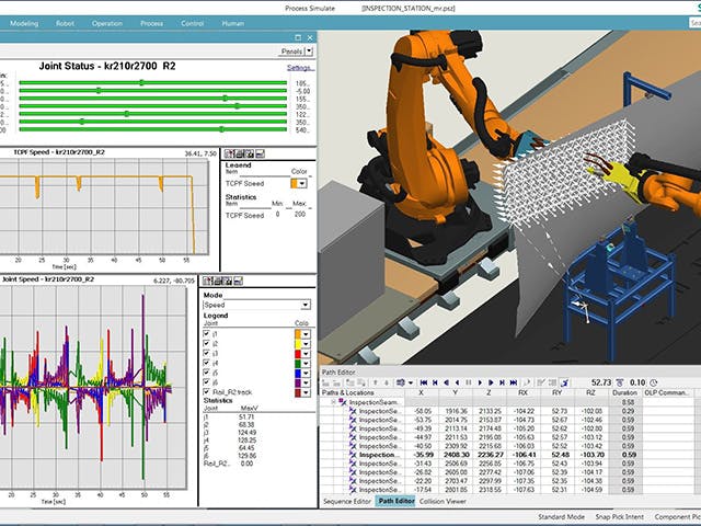 Plánování dráhy robota pomocí softwaru Tecnomatix Process Simulate zobrazující 3D simulační model, polohu dráhy a podrobnosti o pohybu, stav kloubů a rychlost kloubů.