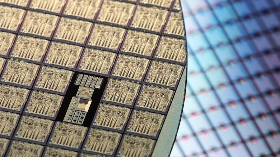 Zoomed in image of a silicon wafer with printed electronic circuit