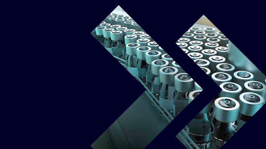 Rows of glass vials with silver caps on a dark blue background with diagonal geometric shapes