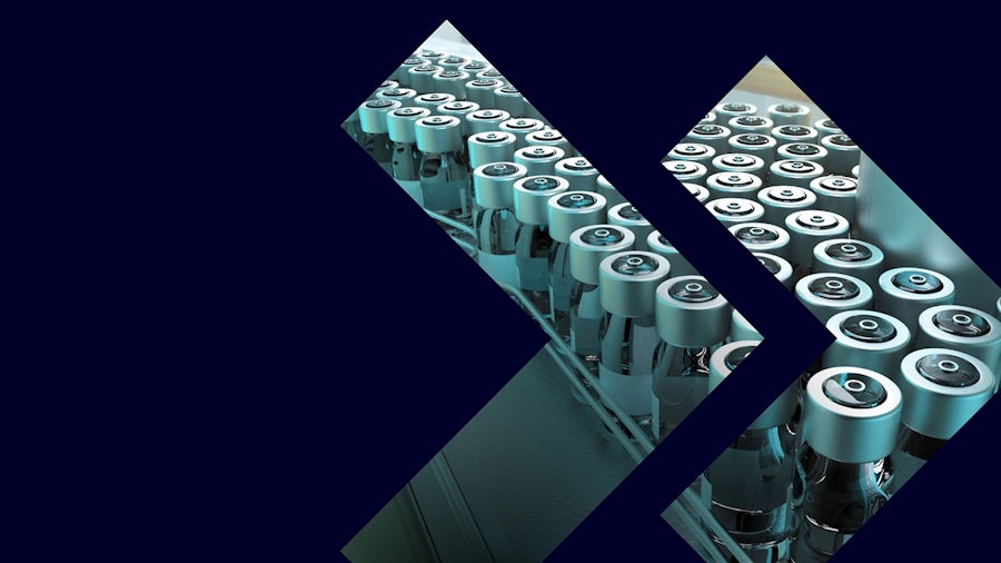 Rows of glass vials with silver caps on a dark blue background with diagonal geometric shapes