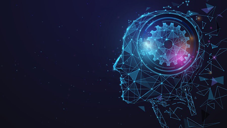 The profile of a human, digitally created, with gears in its mind instead of a brain. The concept is a visual to artificial intelligence.