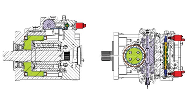 The servomechanism of the displacement-controlled axial piston pump and its model, built in Simcenter Amesim.