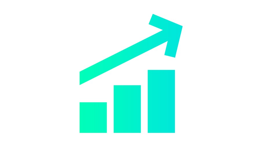 Arrow ascending over a row of bars that increase in height left to right