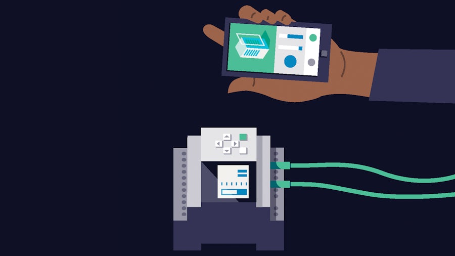 A graphic image of a smart device wirelessly connecting to an industrial machine.