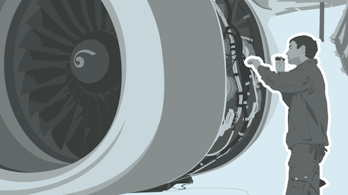 An illustrated image of a worker inspecting the jet engine of an airplane