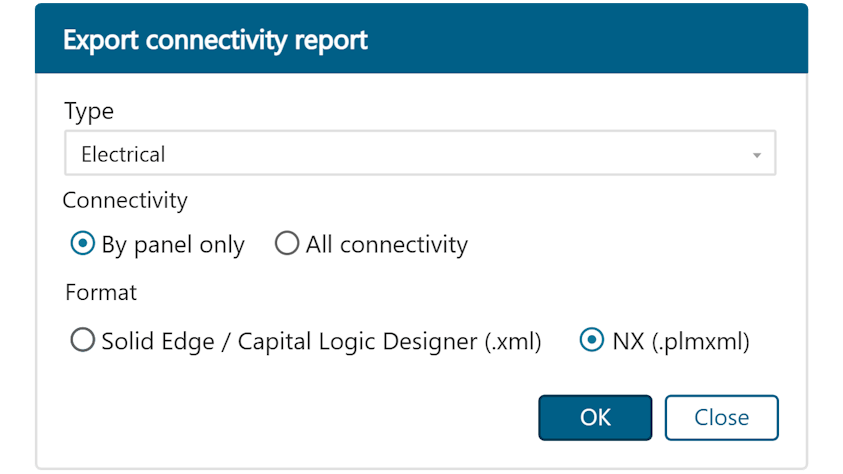 Dialog box in Capital X Panel Designer for export to NX