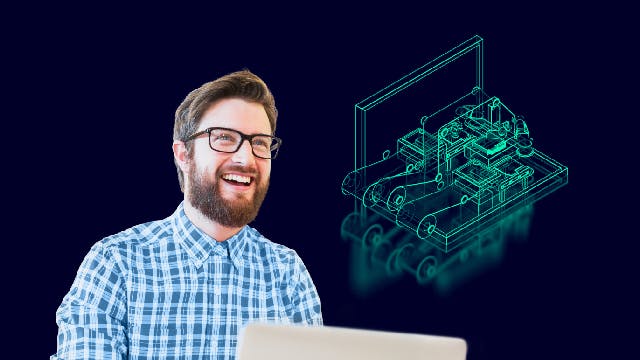 A green wireframed battery machine beside a bearded man in a plaid shirt smiling at a laptop on a dark blue background.