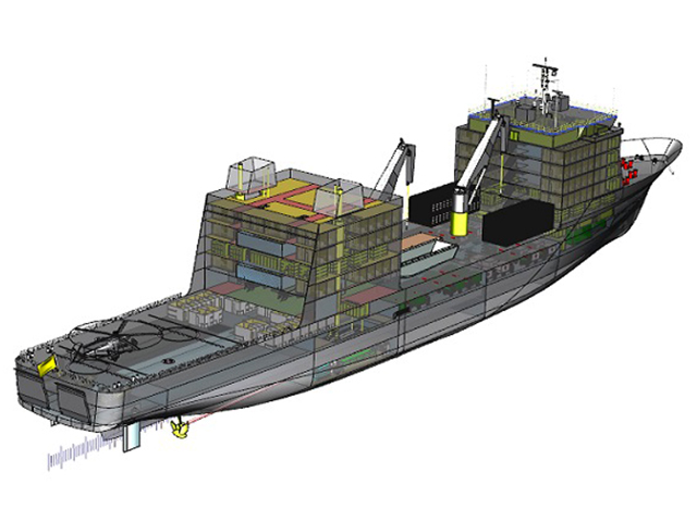 Modèle 3D NX CAD d'un cargo gris à coque transparente, montrant des conteneurs de fret à l'intérieur, des grues sur le pont et un hélicoptère à l'arrière.