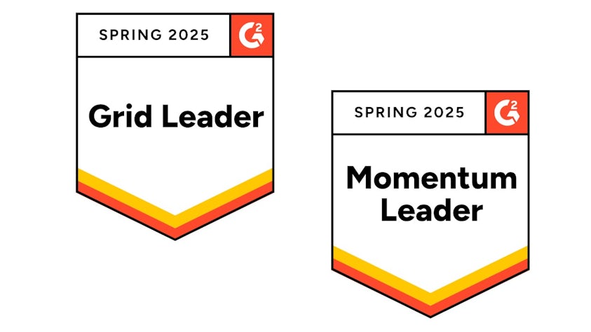 A graphic that has two G2 award badges, Spring 2025
