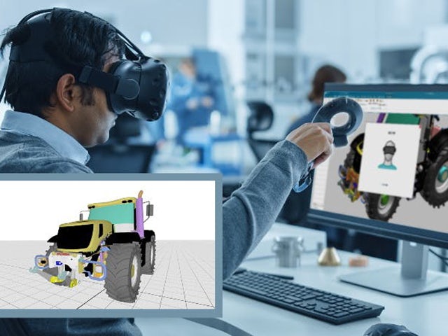 A man is sitting in front of a computer wearing a VR headset. He is holding a VR remote to view and interact with a tractor design in NX Virtual Reality.