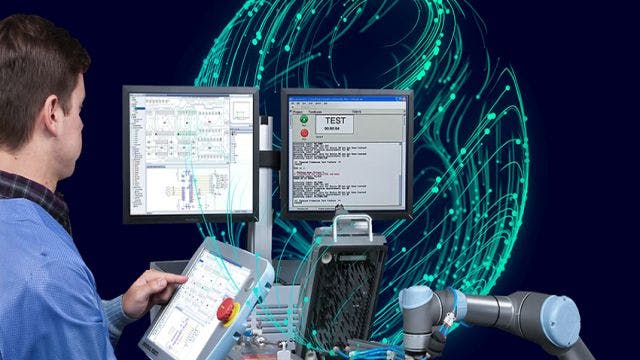 A person looking at a computer screen to perform PCB testing using PCB testing software. 