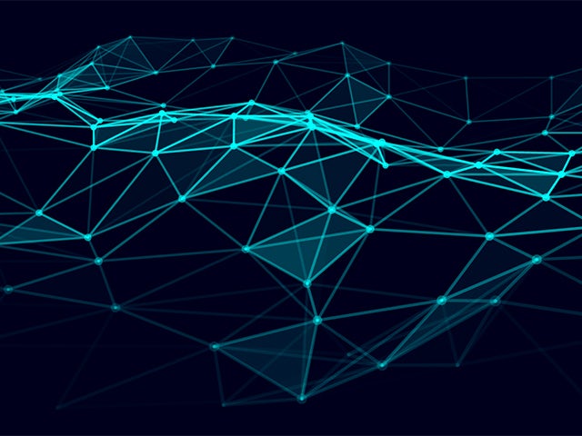 A complex network of interconnected lines and points, resembling a digital landscape or a neural network, conveying the concept of Calibre intelligence AI.