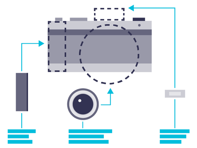 Illustration of a deconstructed camera with directions on where the parts go.