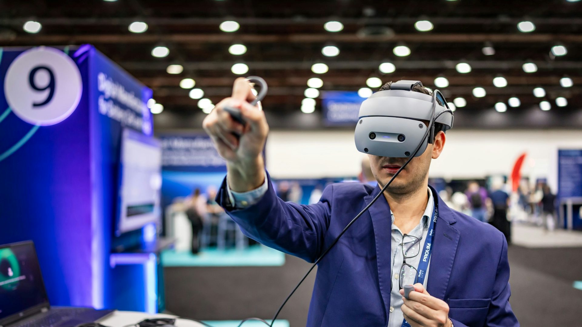 Virtual reality technology showcase featuring immersive VR headset demonstrations, cutting-edge digital experiences at professional technology exhibition