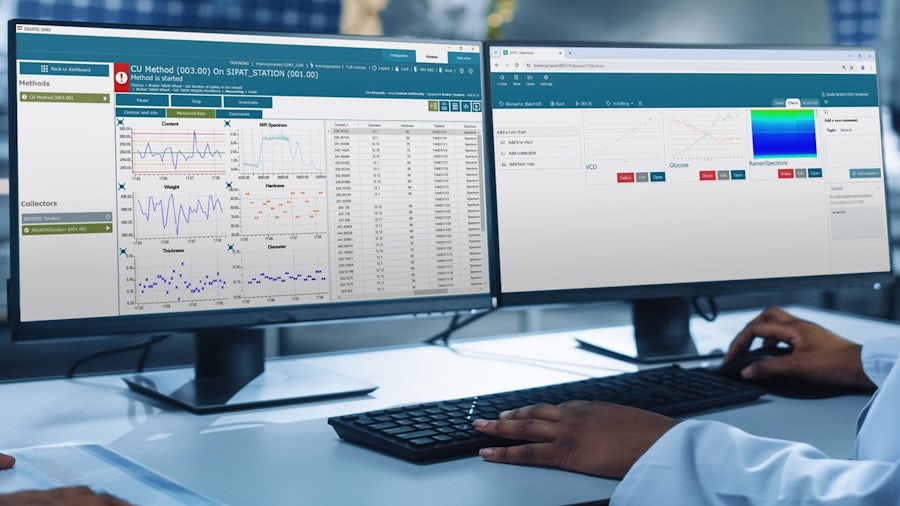 A person in a lab coat uses a dual-monitor setup displaying Siemens SIMATIC SIPAT software with real-time process analytical data, graphs, and charts for quality control and manufacturing optimization.