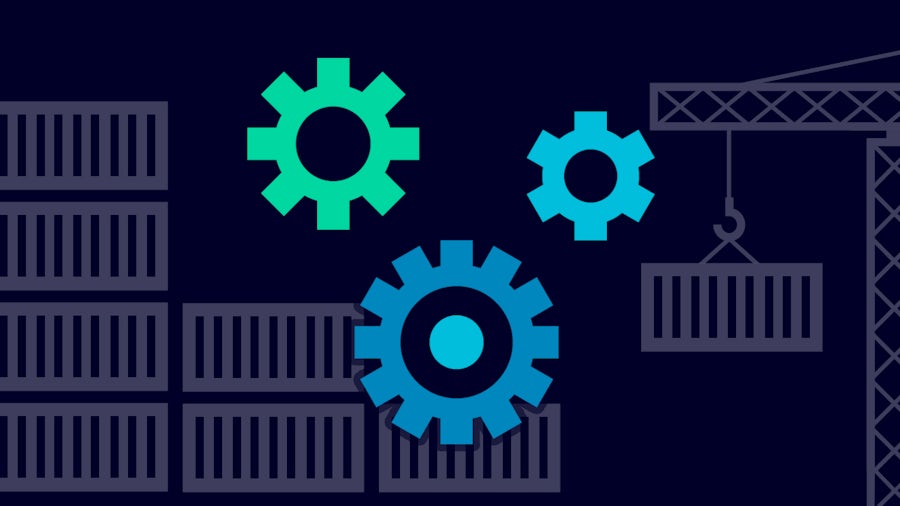 Illustration of industrial logistics with three interlocking gears in the center, stacked shipping containers on the left, and a crane lifting a container on the right, all set against a dark blue background.