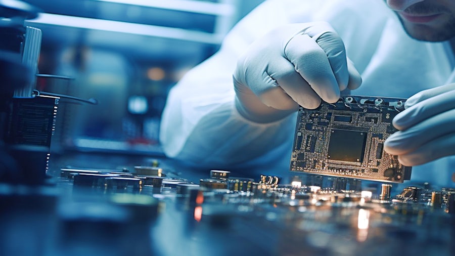 Picture of a cleanroom worker with rubber gloves on inspecting a printed circuit board. 