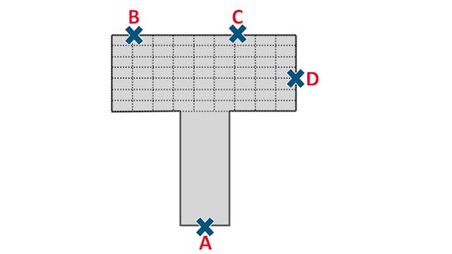 T-shaped polygon with wide top section and four points: A (bottom), B,C (top edge) and D (right side of top section) 2D fracturing divides the wide top section into a resistor mesh to accurately measure P2P resistance between points B, C, and D.