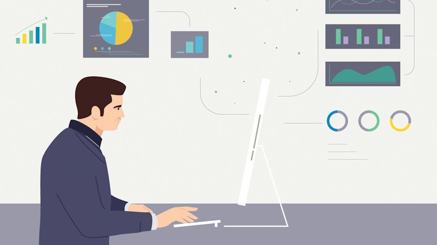 Rysunek przedstawiający inżyniera pracującego na komputerze i używającego oprogramowania do obsługi inteligentnej produkcji.