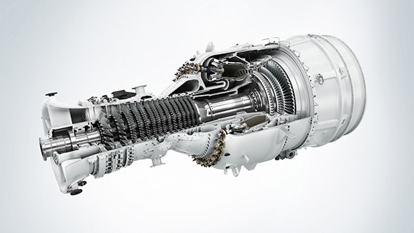 A 3D model of a turbine engine created in a computer-aided design system.