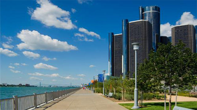 The Detroit Marriott at the Renaissance Center building along the waterfront.