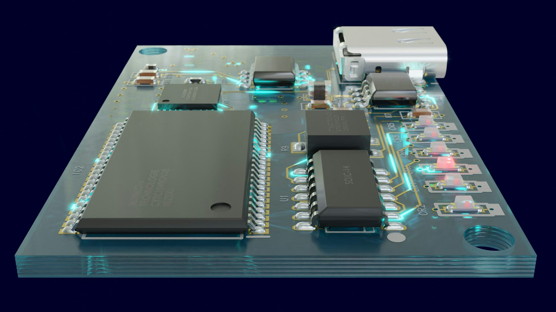 A 3D image of a printed circuit board.