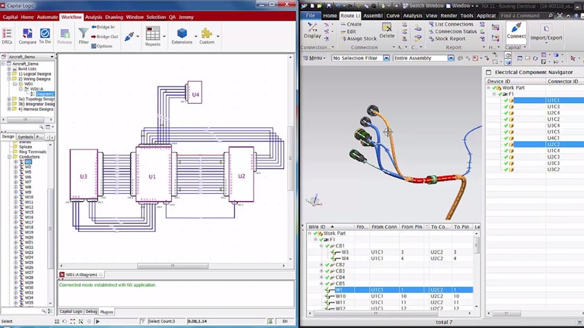 Window of UIs of Capital Logic alongside NX Routing illustrating direct exchange and update