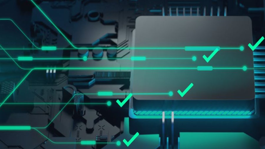 Visual depiction of tracking traceability throughout the semiconductor lifecycle using a drawing of a chip and green check marks alongside superimposed data streams.