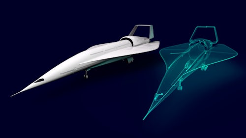 An aircraft and a wireframe representing the digital twin of the physical aircraft are shown side by side against a dark backdrop
