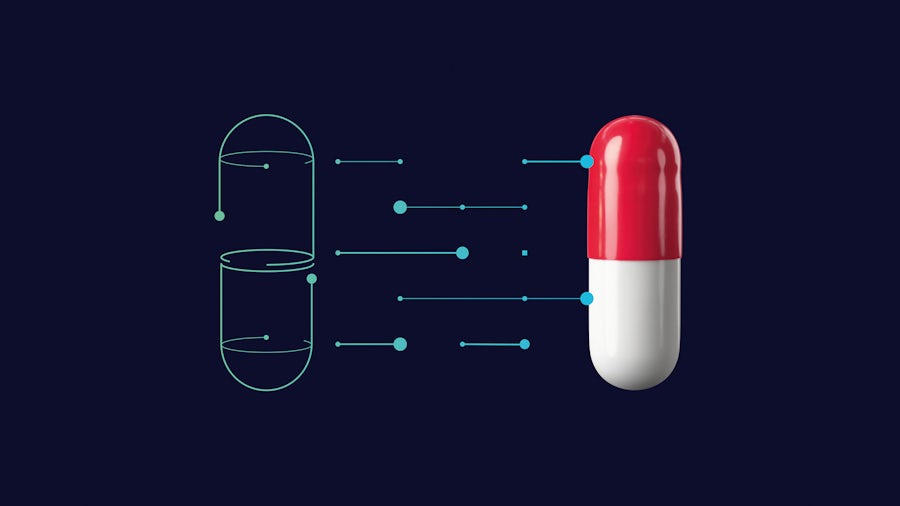 A digital twin image of a pill next to a physical pill.