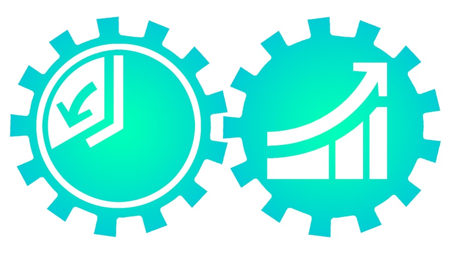 Two interacting cogwheels represent saving time and increasing productivity