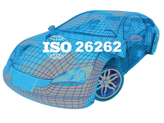 Wireframe image of a car with the ISO 26262 logo on it