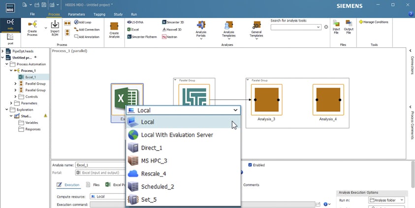 HEEDS displays available compute resources, including Windows and Linux, clusters, and cloud resources.